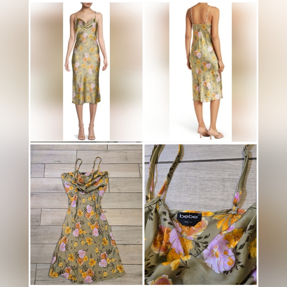 Bebe Floral Cowl Neck Midi Slip Dress - Satin, Green, Size Large